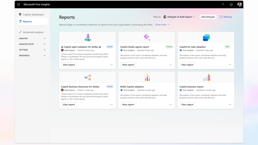 A page shows how various Copilot Dashboard and Viva Insights reports will populate within the new Unified Experience.