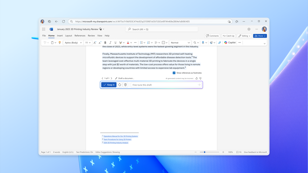 Choose to include citations for references when a document is created with Copilot in Word.