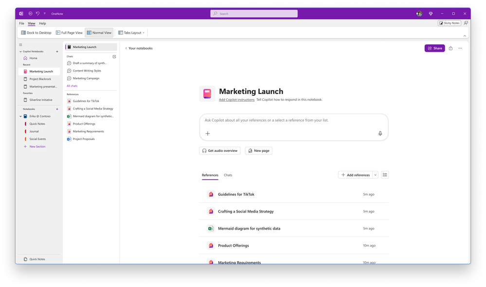 Screenshot of Copilot Notebooks feature in the OneNote Windows desktop app
