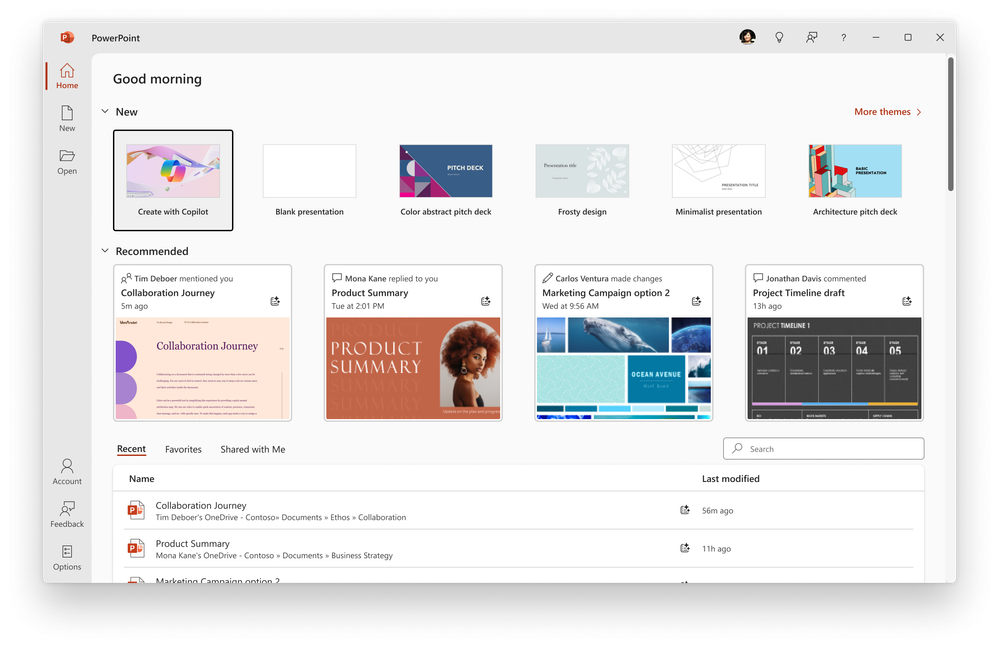 Create a presentation with Copilot directly from the backstage view.