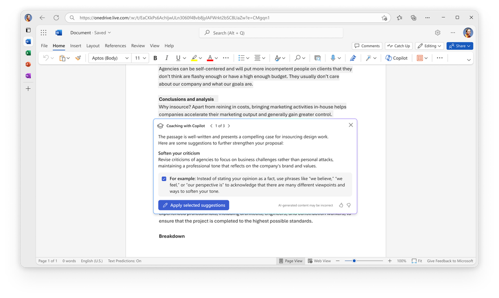 Copilot gives you suggestions on your doc with coaching, helping you clarify ideas and increase the impact of your writing.