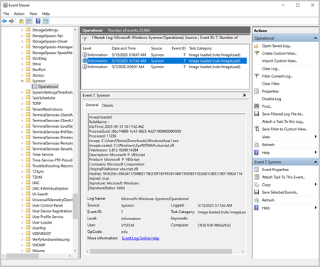 Screenshot of Event Viewer showing search results for Event ID 7 in Sysmon.