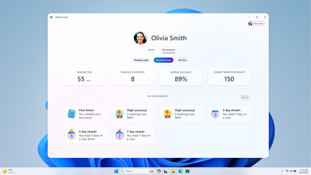 A screenshot of Olivia Smith's progress dashboard in Reading Coach.
