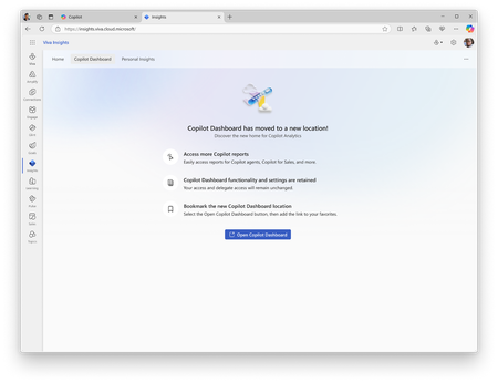 Webpage announcing the relocation of the Copilot Dashboard, highlighting expanded report access, retention of existing settings, and a prompt to bookmark the new dashboard link.