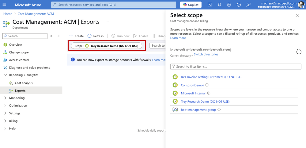 Screenshot of the scope picker in Cost Management which allows you to change between billing accounts, subscriptions, and other supported scopes.