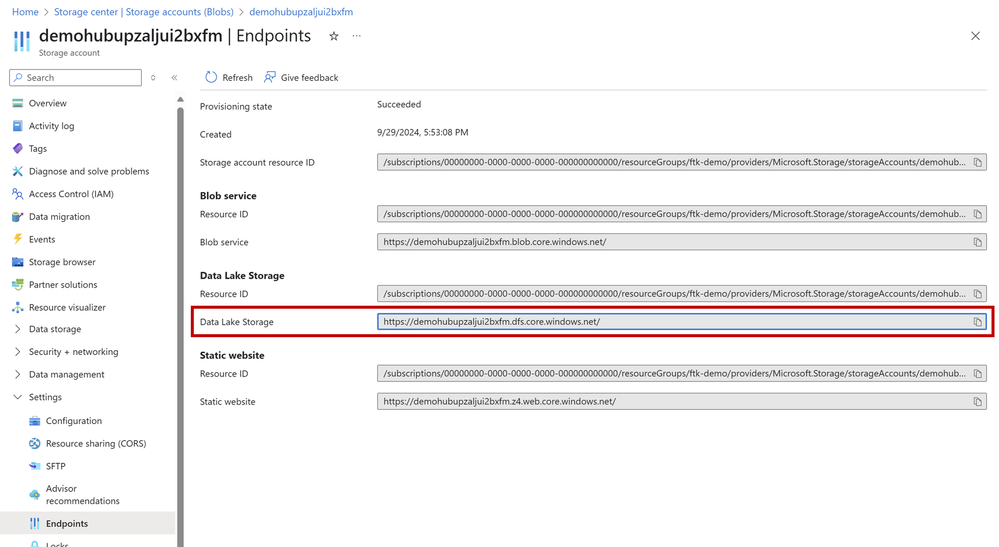 Screenshot of the storage account Endpoints page showing the Data Lake Storage URI.