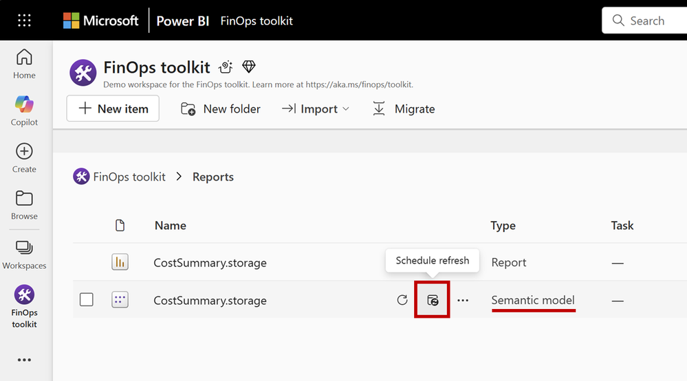 Screenshot of the Schedule refresh command for the semantic model in a Power BI workspace.