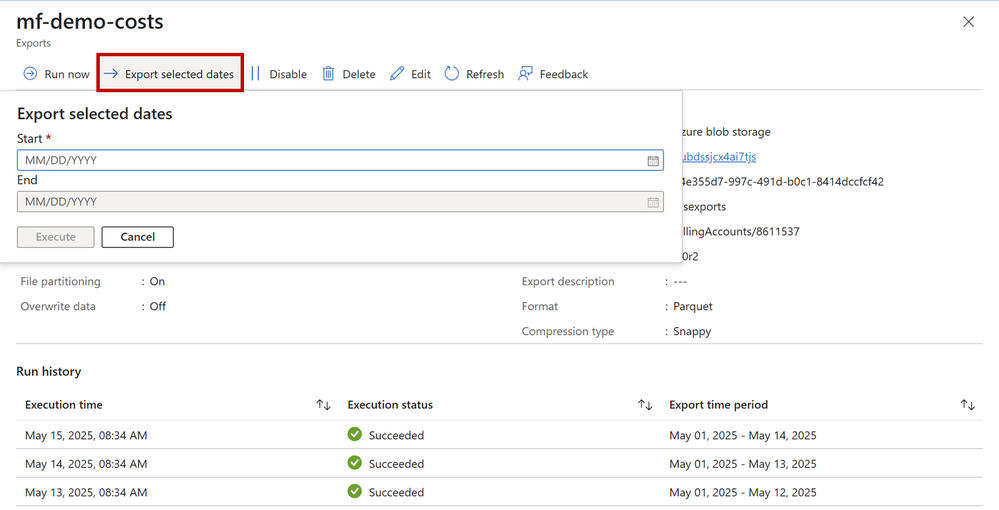 Screenshot of the Export selected dates dialog for a Cost Management export.