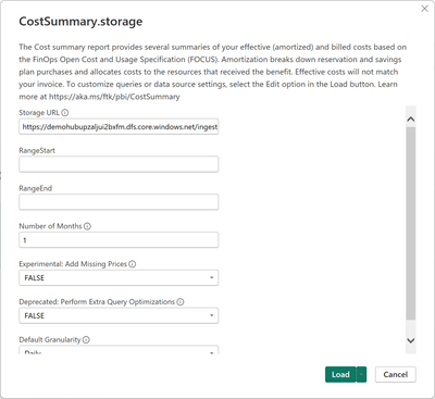 Screenshot of the parameter dialog for Power BI templates in Power BI Desktop.
