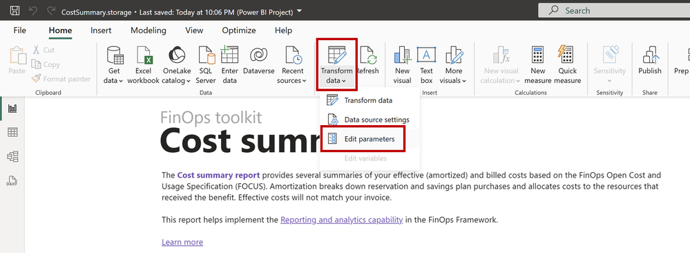 Screenshot of the Edit parameters command under the Transform data menu in Power BI Desktop.