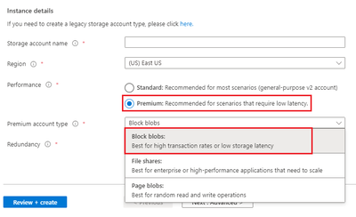 Screenshot of the premium block blob options selected in the storage account wizard.
