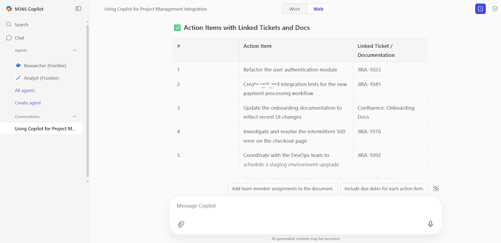 Screen capture of tabular Copilot results linking action items from a meeting to relevant entries in your project management suite.