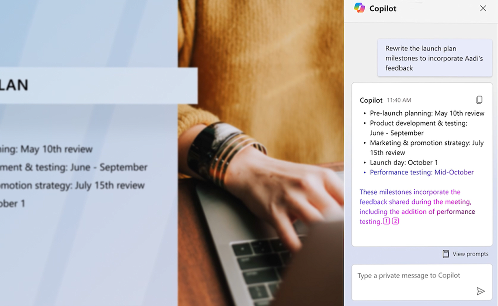 Screen capture of the Copilot in Teams Meeting experience with the prompt “Rewrite the launch plan milestones to incorporate Aadi’s feedback” with Copilots response of the updated milestones.
