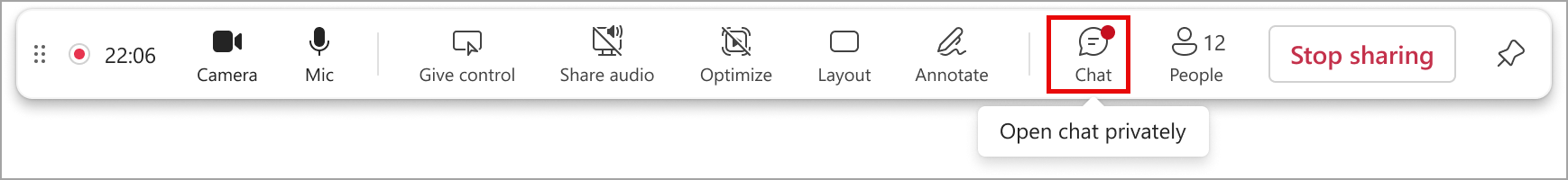 The Chat button on Teams in the top toolbar showing the option to Open Chat Privately.