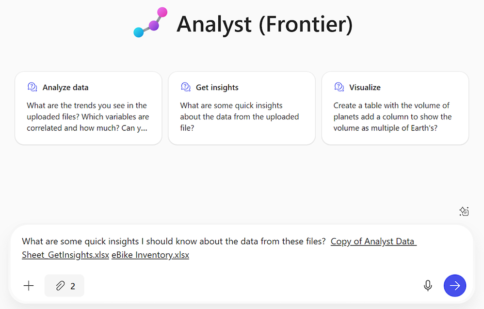 Copilot UI featuring Analyst with the prompt “What are some quick insights I should know about the data from these files? Analyst Data Sheet GetInsights.xlsx eBike_Inventory.xlsx
