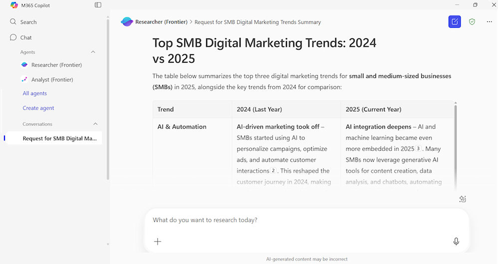 Copilot UI featuring Researcher results titled, “Top SMB Digital Marketing Trends: 2024 vs 2025, with a table below and column headers of “Trend”, “2024 (Last Year)” and “2025 (Current Year), as well as trends and corresponding findings.