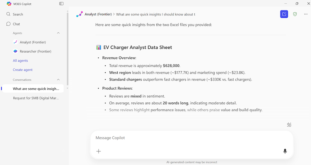 Copilot UI featuring insights returned by Analyst, including “EV Charger Analyst Data Sheet” featuring a “Revenue Overview” and summary of “Product Reviews”.