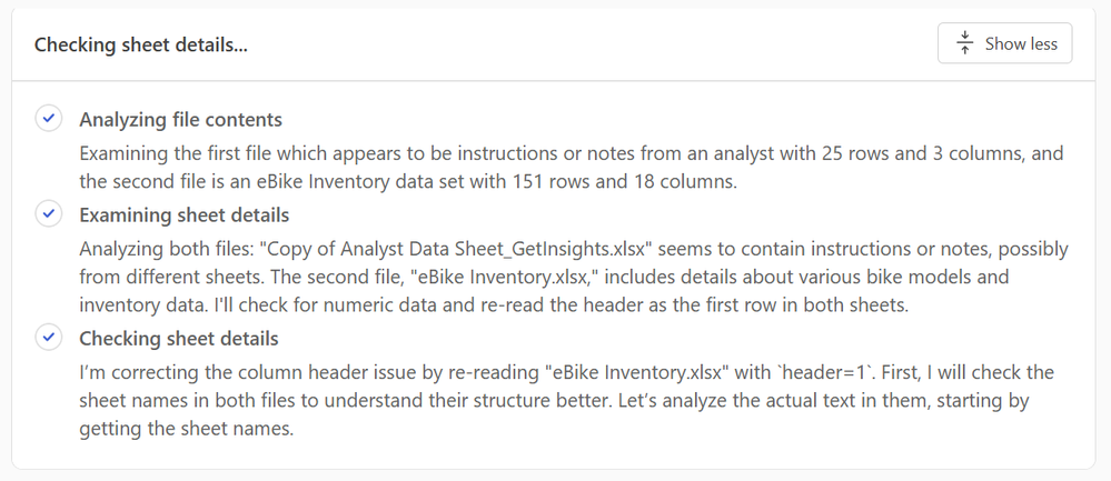 Copilot UI featuring Analyst as it begins its research, sharing the steps it’s taking in the process, such as  “Analyzing file contents” and “Checking sheet details”.