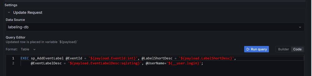 Screenshot showing the update request configuration for the sp_AddEventLabel stored procedure. The SQL command uses predefined variables from the business table payload to perform an upsert operation. Parameters include EventId, LabelShortDesc, EventLabelDesc, and the current user's login.