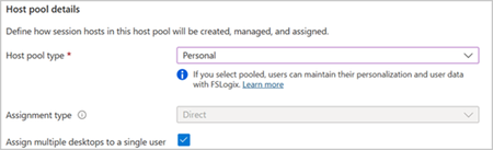 Screenshot: Enable multiple personal desktops to be assigned to a single user in the Microsoft Azure portal when you deploy a personal host pool.