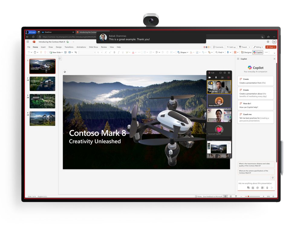Surface Hub 3 running Microsoft Edge in InPrivate mode with a presentation on the screen, a red border indicating screen sharing, and a smaller Teams meeting window showing active participants and chat interactions, emphasizing productivity in hybrid meetings.