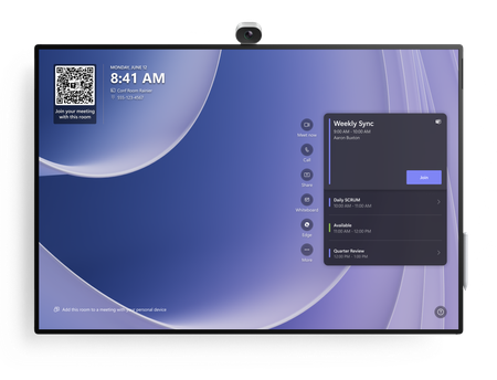 Surface Hub 3 home screen displaying meeting schedule, a QR code for joining a meeting, and options for calls, sharing, and whiteboarding, highlighting the streamlined interface for collaborative workspaces.