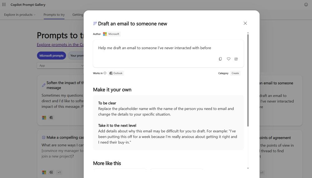A screenshot of the Microsoft Copilot Prompt Gallery showing the prompt 