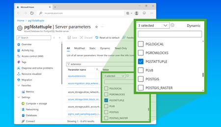 screenshot of Server Parameters screen for Azure Database for PostgreSQL in the Azure portal, showing the pgstattuple extension