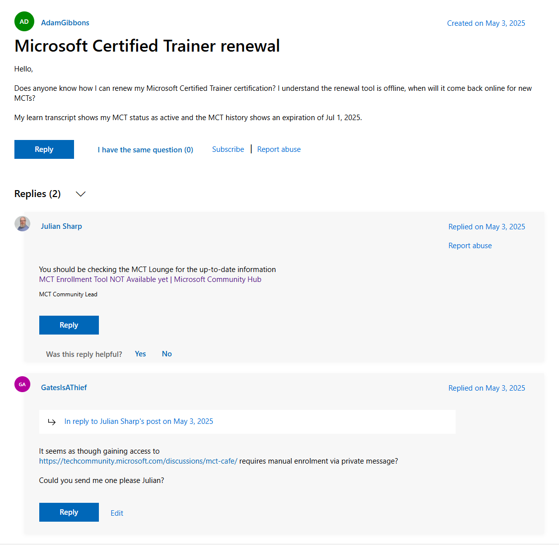 No access to MCT forum | Microsoft Community Hub