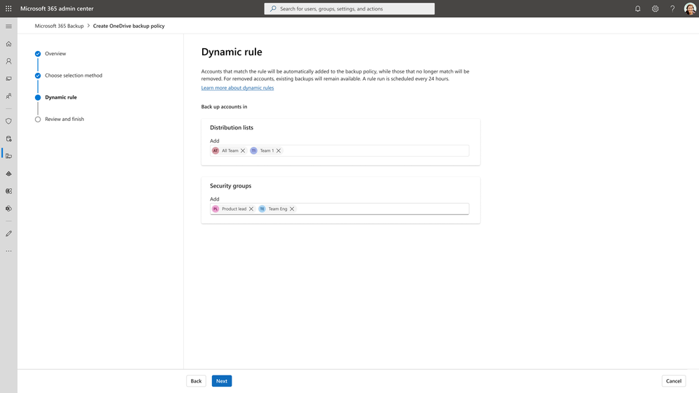 Screenshot of setting a dynamic rule policy for Microsoft 365 Backup