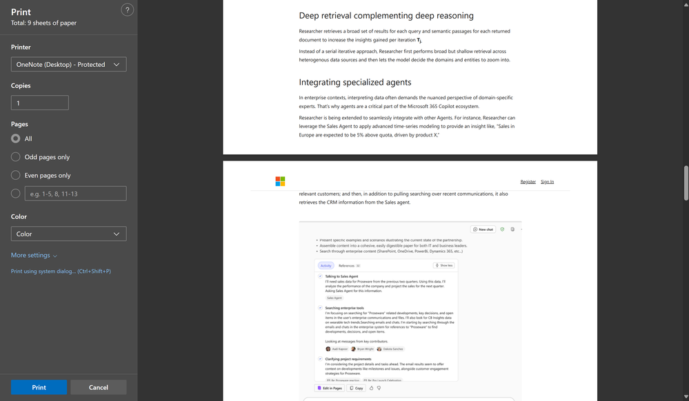 a print preview screen with two pages, one discussing deep retrieval and specialized agents, and the other displaying an email or message thread.