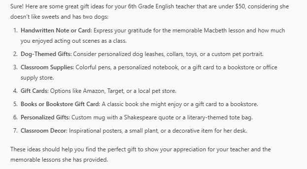 A list of seven gift ideas for a sixth grade teacher, including gift cards, books, personalized gifts, and classroom decor.