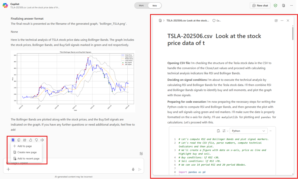 A screenshot of a webpage with a graph showing TSLA stock price data using Bollinger Bands and Buy/Sell signals, alongside a text box explaining how to analyze the data using Python.
