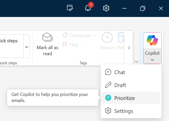 A screen capture of the Copilot dropdown in Outlook revealing the “Prioritize” option.