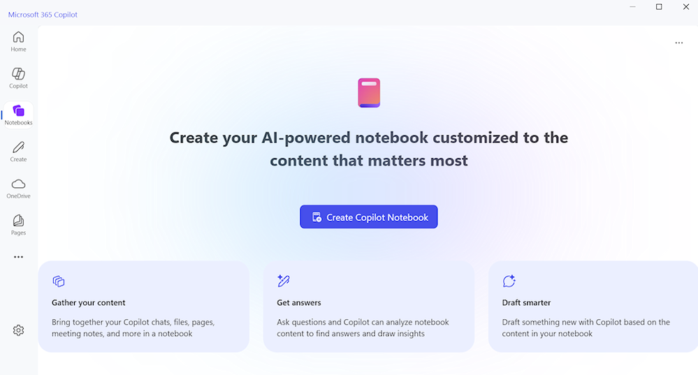 A screen capture of the Copilot Notebook launch screen, with the words “Create your AI-powered notebook customized to the content that matters most” and a button that reads, “Create Copilot Notebook”.
