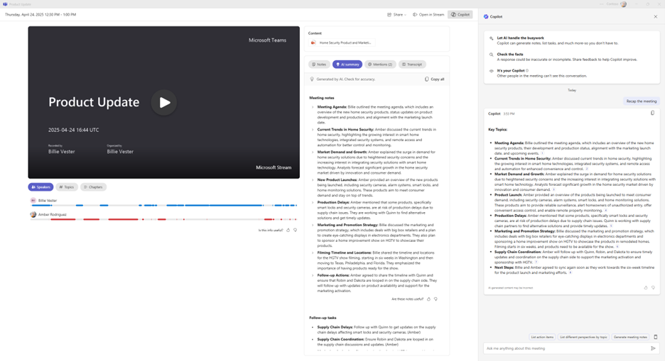 A screen capture of a Copilot-generated meeting recap, listing key topics from the meeting and next steps.