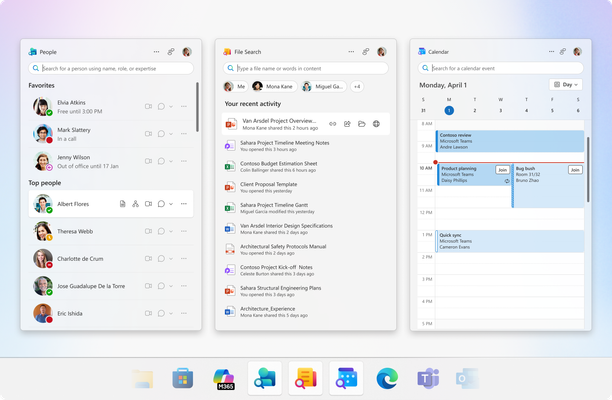 Three screenshots of the People, File Search, and Calendar apps.