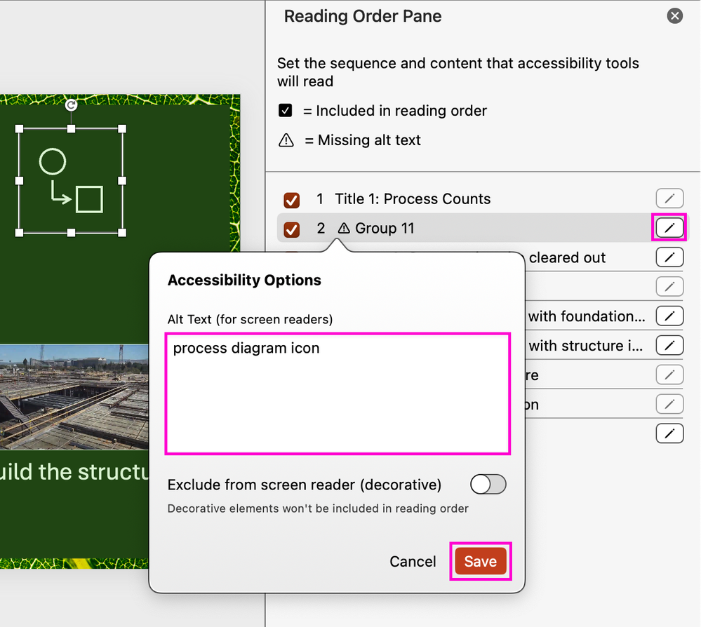 The pop up allows you enter Alt Text for the selected item
