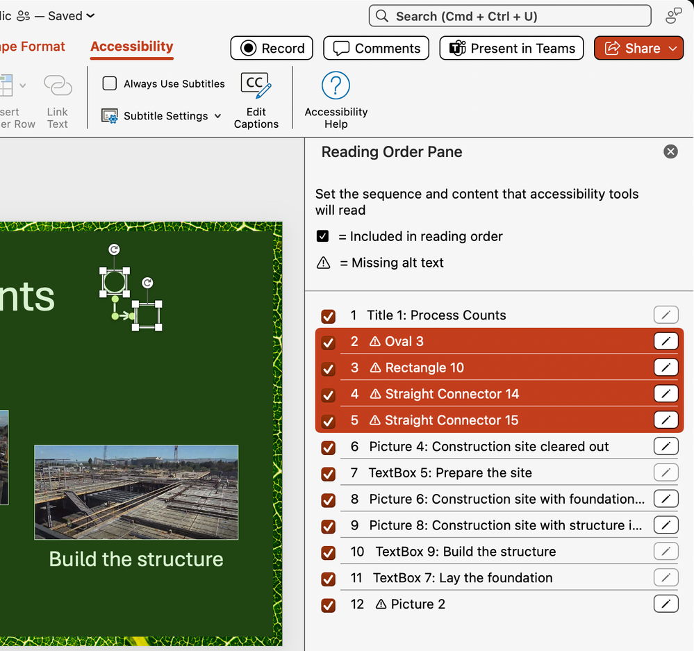 4 items are selected in the Reading Order Pane