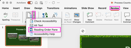 The Reading Order Pane item in the Check Accessibility dropdown on the Review ribbon tab