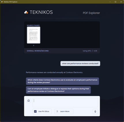 Screenshot of Teknikos PDF Explorer app with query using Phi Silica model