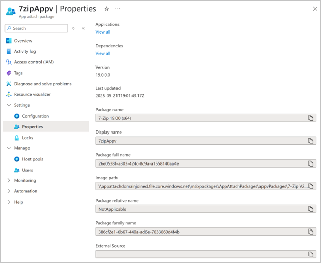 Screenshot - App-V package integrated with App attach, showing package properties and deployment details in the Microsoft Azure portal