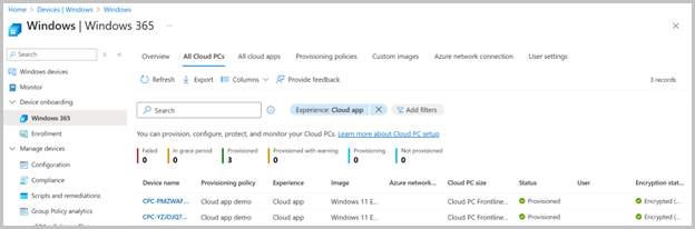 Screenshot - Cloud PCs provisioned in shared mode for Windows 365 Cloud Apps in Microsoft Intune