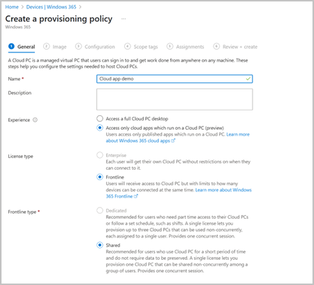 Screenshot - Example of a Windows 365 provisioning policy setup for Windows 365 Cloud Apps in Microsoft Intune