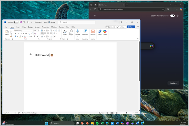 Microsoft Edge and Microsoft Word as streamed applications, integrated with the user’s local Windows desktop
