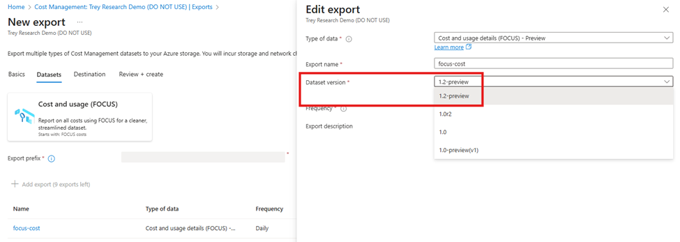 Screenshot of the new FOCUS 1.2-preview dataset version in Cost Management exports.