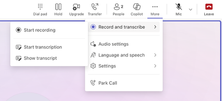 A screenshot of the Record and transcribe button in Microsoft Teams for Windows.