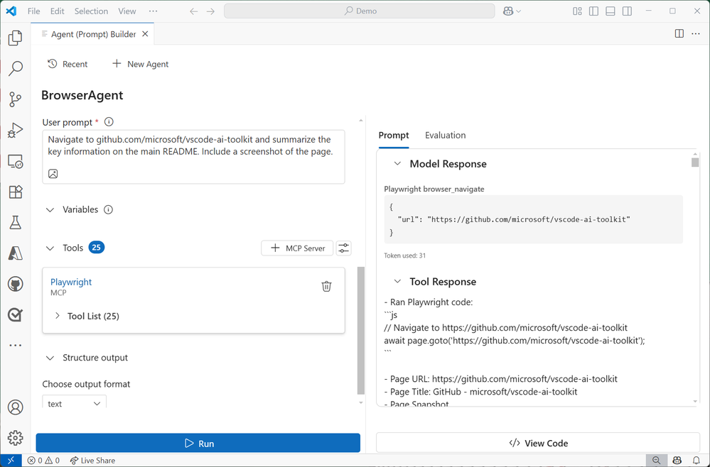 Screenshot of the Agent (Prompt) Builder interface in Visual Studio Code. The agent is named 