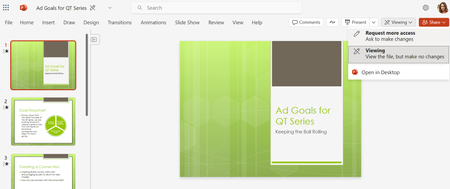 A screenshot of Microsoft PowerPoint for the web with the Request more access button in the upper right-hand corner.