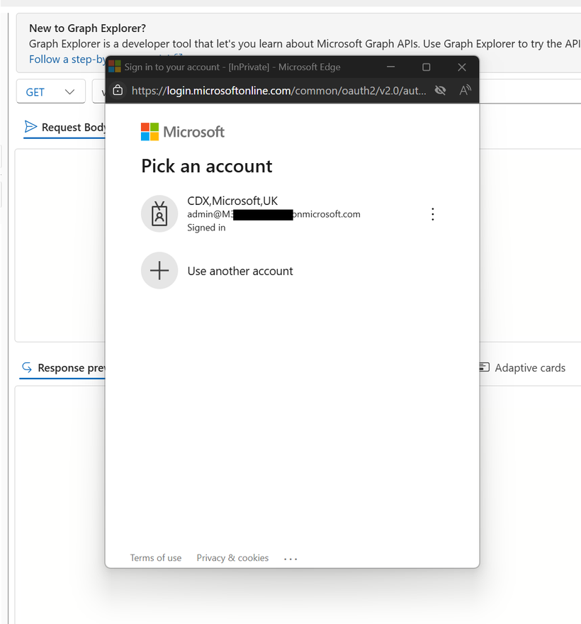 Image of the admin signing into Graph Explorer
